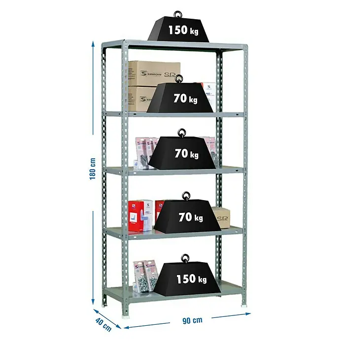 Simonrack Simonclick Metallregal Ecoclick - H x B x T: 180 x 90 x 40 cm, Traglast pro Boden: 70 kg, Anzahl Böden: 5 Stk., Stecken, Grau - Bild eines grauen Metallregals mit fünf Ebenen, die mit Gewichten und Kartons belastet sind, mit Größenangaben.