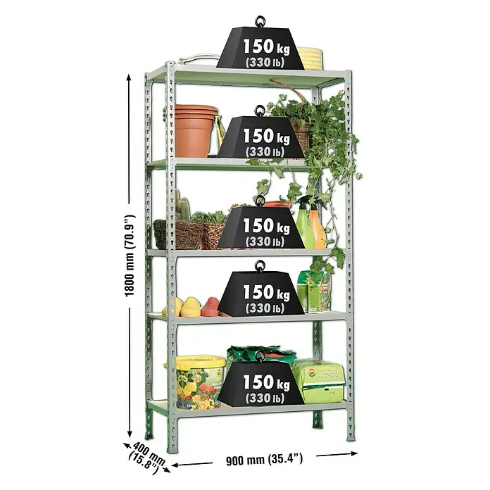 Simonrack Maderclick Estantería metálica - Al x An x Pr: 180 x 90 x 40 cm, Capacidad de carga por balda: 150 kg, Número de baldas: 5 ud., Inserción, Gris - Imagen de una estantería metálica plateada con cinco niveles, cada estante tiene una capacidad de hasta 150 kg.