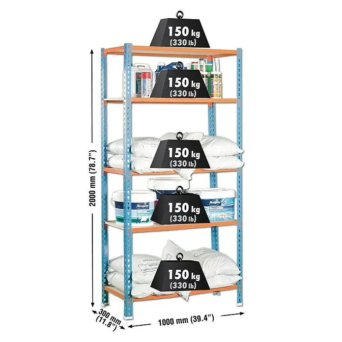 Simonrack Maderclick Estantería metálica Plus - Al x An x Pr: 200 x 100 x 30 cm, Capacidad de carga por balda: 150 kg, Número de baldas: 5 ud., Inserción, Azul/Naranja - Una estantería de cinco niveles cargada con artículos variados y pesos de 150 kg, con las dimensiones indicadas.