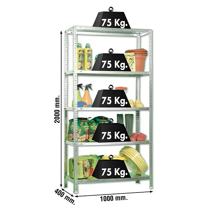 Simonrack Simonclassic Estantería metálica Advantage Plus - Al x An x Pr: 200 x 100 x 40 cm, Capacidad de carga por balda: 75 kg, Número de baldas: 5 ud., Atornillado, Galvanizado - Una estantería metálica resistente con cinco niveles, cada uno capaz de soportar hasta 75 kg, perfecta para el almacenamiento.