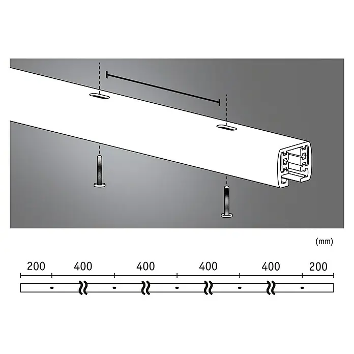 Paulmann URail Riel - 200 cm, Metal, Blanco - La imagen muestra una barra de cortina con tornillos y dimensiones asociadas. Ideal para instalar y fijar cortinas en los hogares.