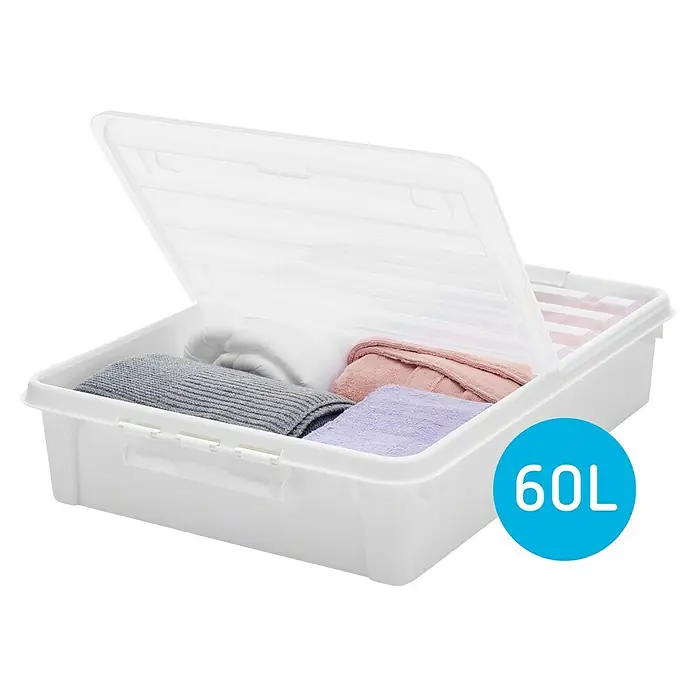 SmartStore Unterbettbox Bedroller 60 L - L x B x H: 79 x 59 x 18,5 cm, 60 l - Weiße Aufbewahrungsbox mit durchsichtigem Deckel und Textilien, ideal zur Lagerung und Organisation von Kleidung und anderen Gegenständen.