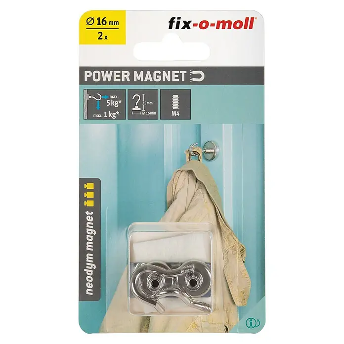 Fix-o-moll Magnethaken Neodym - Rund, Durchmesser: 16 mm, Höhe: 35 mm - Verpackung von Fix-o-moll Power-Magneten, 2 Stück, Durchmesser 16mm, für vielseitige Befestigungslösungen im Haushalt und Büro.