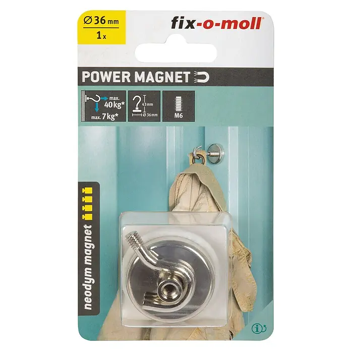 Fix-o-moll Magnethaken Neodym - Rund, Durchmesser: 36 mm, Höhe: 43 mm - Eine Packung Fix-o-moll Power Magnet mit Haken, Durchmesser 36 mm, geeignet zum Aufhängen von Gegenständen bis 40 kg (vertikal) bzw. 7 kg (horizontal).