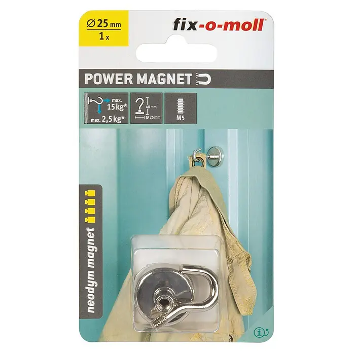 Fix-o-moll Magnethaken Neodym - Rund, Durchmesser: 25 mm, Höhe: 40 mm - Abbildung eines Fix-o-moll Power Magneten mit einer Tragkraft von bis zu 15 kg. Der Magnet hat einen Durchmesser von 25 mm und ein M5 Gewinde.