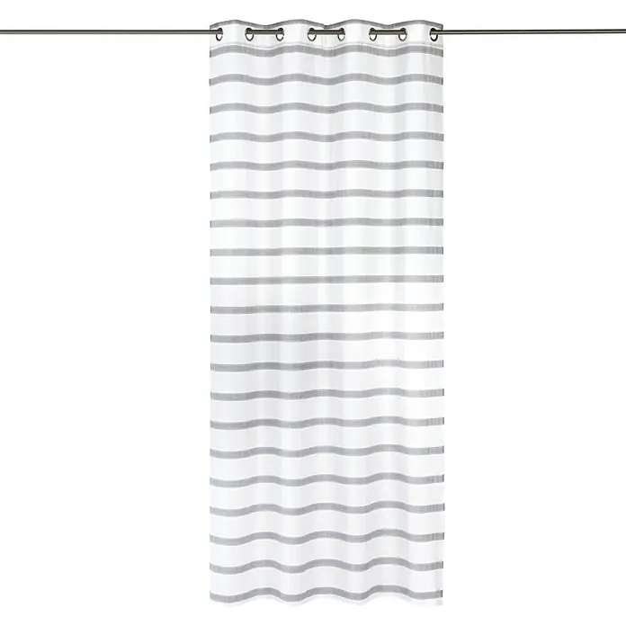 Elbersdrucke Ösenschal Ida - 140 x 255 cm, 100 % Polyester, Weiß/Grau - Ein weißer Vorhang mit grauen Streifen hängt an einer Stange. Der Stoff ist leicht gewellt und lässt Licht durch.