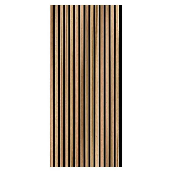 FN Neuhofer Akustikpaneel Acustico - Lärche, L x B x S: 1.195 x 572,5 x 18 mm - Helles Holz-Akustikpaneel mit vertikalen Lamellen auf dunklem Hintergrund.