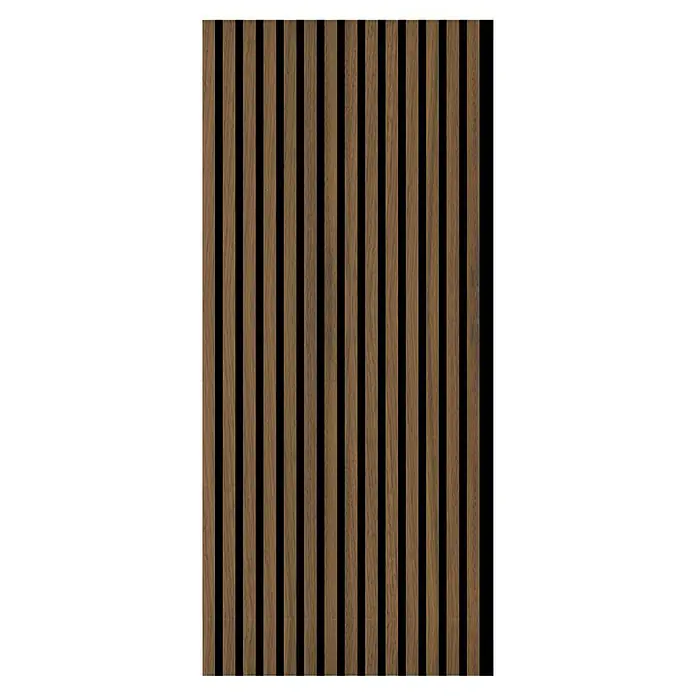FN Neuhofer Akustikpaneel Acustico - Walnuss, L x B x S: 1.195 x 572,5 x 19 mm - Das Bild zeigt eine Holzpaneelwand mit vertikalen Lamellen, die eine moderne und natürliche Optik erzeugen. Ideal für Innenräume, die Wärme ausstrahlen sollen.