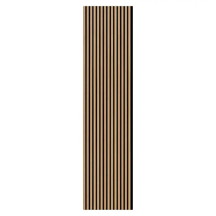 FN Neuhofer Akustikpaneel Acustico - Lärche, L x B x S: 2.670 x 572,5 x 18 mm - Nahaufnahme einer Holzlamellenwand mit schmalen, vertikalen Holzstreifen und dunklen Zwischenräumen, ideal für moderne Innenraumgestaltung.