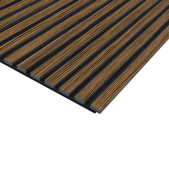 FN Neuhofer Akustikpaneel Acustico - Zebrano, L x B x S: 1.195 x 572,5 x 19 mm - Nahaufnahme einer braunen Holzpaneelwand mit dunklen Akzenten, die Textur und Design des Produkts hervorhebt.