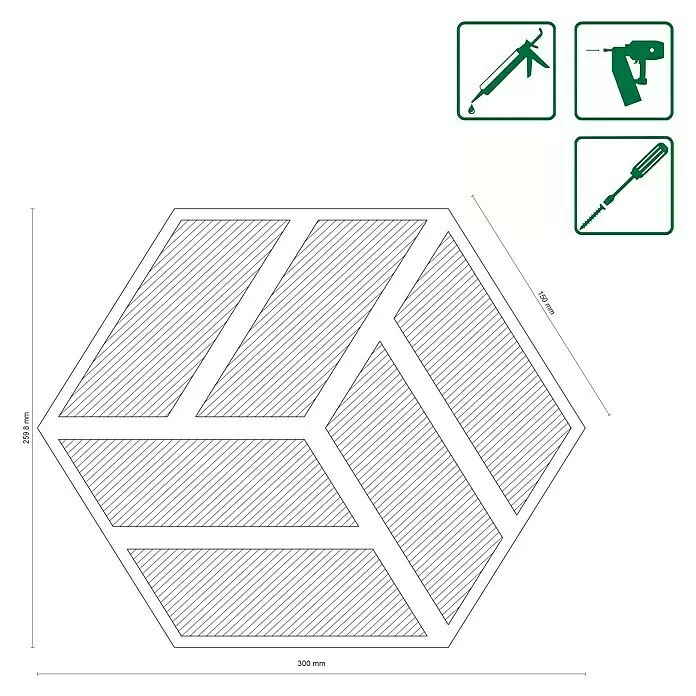 FN Neuhofer Akustikpaneel Acustico Hexago - Eiche furniert, L x B x S: 260 x 300 x 19 mm, 2 Stk. - Sechseckiges Fliesendesign mit segmentiertem Muster und Maßen. Symbole zeigen Installationswerkzeuge: Dichtpistole, Nagelpistole, Schraubendreher.