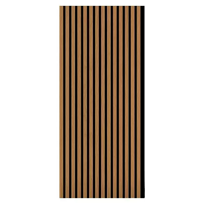 FN Neuhofer Akustikpaneel Acustico - Eiche foliert, L x B x S: 1.195 x 572,5 x 19 mm - Vertikale Holzlamellenplatte mit hellbrauner Maserung und schwarzen Fugen.
