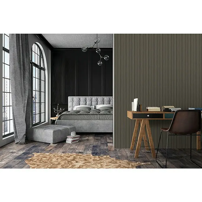 FN Neuhofer Wandpaneel Wally WA070 - Eiche geräuchert, 2.670 x 118 x 12 mm - Das Bild zeigt ein modernes Schlafzimmer mit einem stilvollen Schreibtisch und einem bequemen Bett. Die Einrichtung ist elegant und einladend.