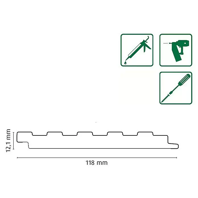 FN Neuhofer Wandpaneel Wally WA010 - Eiche geräuchert, 2.670 x 118 x 12 mm - Profiliertes Paneel im Querschnitt (12,1 x 118 mm) mit Icons für Montagewerkzeuge: Kartuschenpistole, Nagelpistole und Schraubendreher mit Schraube.