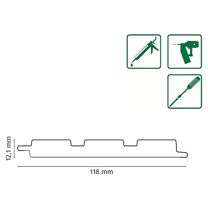 FN Neuhofer Wandpaneel Wally WA030 - Eiche schwarz, 2.670 x 118 x 12 mm - Plattenprofil (12,1x118mm) mit Symbolen für die Montage mittels Klebstoff, Nägeln oder Schrauben.