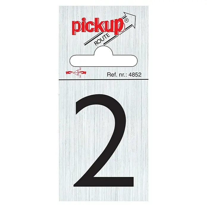 Pickup Aufkleber - Motiv: 2, L x B: 6 x 4,4 cm - Produktbild eines "Pickup Route" Etiketts mit der Nummer 2 in Schwarz auf silbernem Hintergrund, ideal für die Routenplanung.