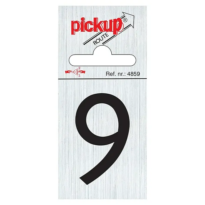 Pickup Aufkleber - Motiv: 9, L x B: 6 x 4,4 cm - Das Bild zeigt ein Pickup Route Hausnummernschild mit der Nummer 9 und der Referenznummer 4859 auf silbernem Hintergrund.