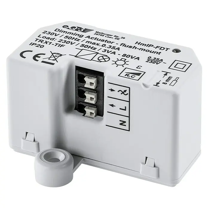 Homematic IP Phasenabschnittdimmer-Einsatz HmIP-FDT - 41 x 54 x 33 mm, Unterputz, 230 V - Nahaufnahme des HomeMatic IP Dimmaktor Unterputz HmIP-FDT mit Anschlussklemmen und technischen Daten auf dem Gehäuse.