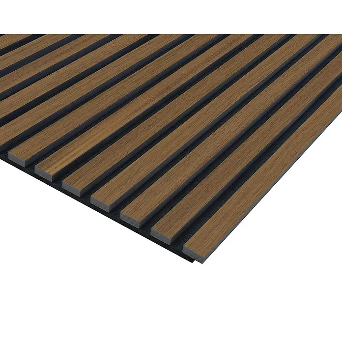 FN Neuhofer Akustikpaneel Acustico - Walnuss, L x B x S: 1.195 x 572,5 x 19 mm - Bild einer Wandpaneele mit Holzlatten auf dunklem Filz, ideal für moderne Innenräume. Die Paneele bieten akustischen Komfort und ein stilvolles Design.