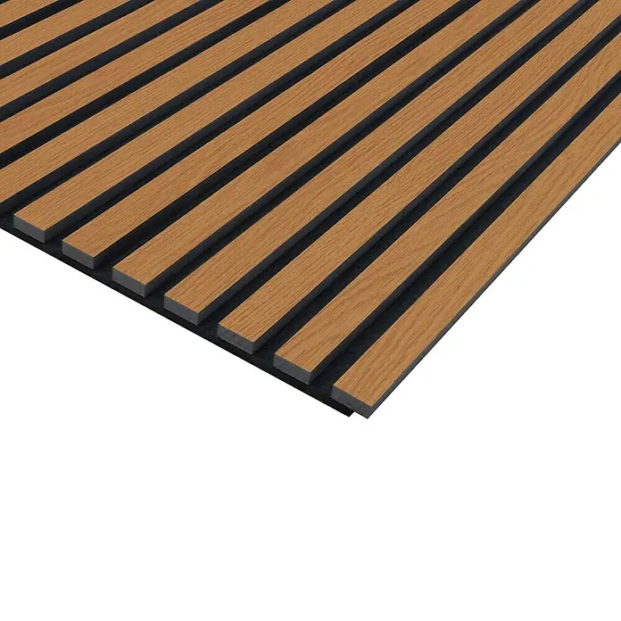 FN Neuhofer Akustikpaneel Acustico - Eiche foliert, L x B x S: 1.195 x 572,5 x 19 mm - Detailaufnahme einer Holzpaneele mit schwarzen Zwischenräumen, die eine moderne Wandverkleidung zeigt.