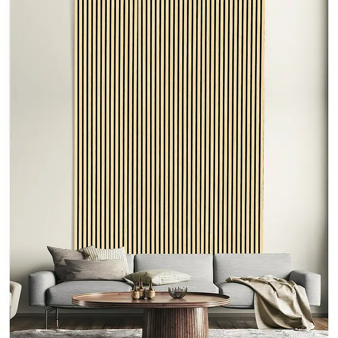 FN Neuhofer Akustikpaneel Acustico - Esche, L x B x S: 2.670 x 572,5 x 19 mm - Elegante Wandpaneele aus Holzlatten für ein modernes Interieur. Das Design verleiht jedem Raum Wärme und Struktur.