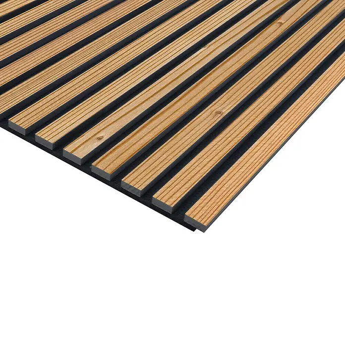 FN Neuhofer Akustikpaneel Acustico - Lärche, L x B x S: 2.670 x 572,5 x 18 mm - Holzpaneel mit schwarzem Hintergrund. Die Holzlamellen sorgen für eine warme und moderne Optik. Ideal für Wand- und Deckengestaltung.