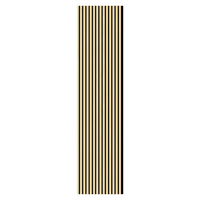 FN Neuhofer Akustikpaneel Acustico - Esche, L x B x S: 2.670 x 572,5 x 19 mm - Abstraktes Muster aus beigen vertikalen Streifen auf schwarzem Hintergrund, ideal für moderne und minimalistische Designs.