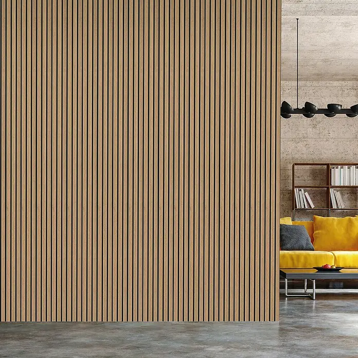 FN Neuhofer Wandpaneel Wally WA030 - Eiche Lamello, 2.670 x 118 x 12 mm - Holzpaneel-Wandverkleidung mit vertikalen Lamellen und Akustikfunktion, ideal für moderne Innenräume und zur Schallabsorption.