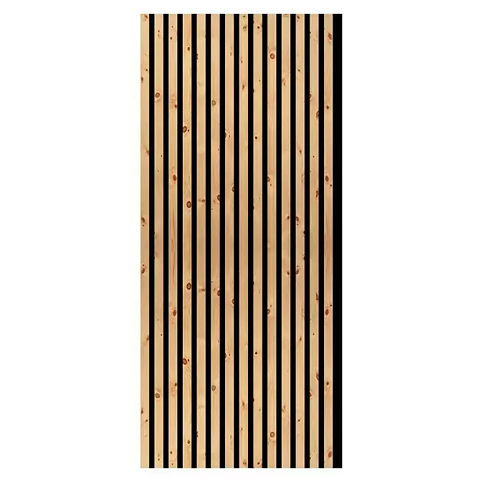 FN Neuhofer Akustikpaneel Acustico - Zirbe, L x B x S: 1.195 x 572,5 x 18 mm - Vertikale Holzlamellenplatte aus hellem Holz mit schwarzen Zwischenräumen, für Wandverkleidungen.
