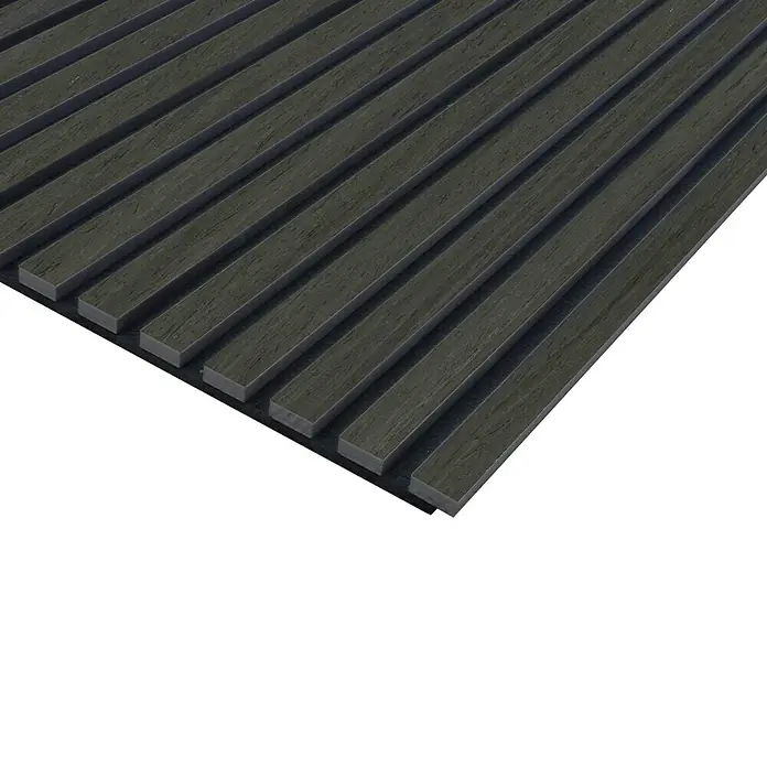 FN Neuhofer Akustikpaneel Acustico - Dunkelgrau, L x B x S: 2.400 x 572,5 x 19 mm - Dunkelgraue Holzpaneele für Wandverkleidung. Die Paneele erzeugen eine moderne, strukturierte Oberfläche und sind ideal für Innenräume.