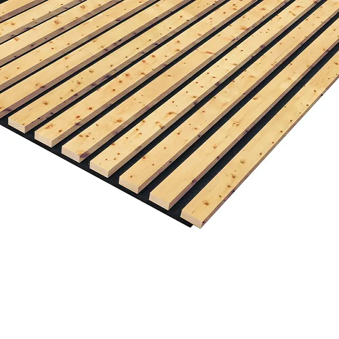 FN Neuhofer Akustikpaneel Acustico - Zirbe, L x B x S: 1.195 x 572,5 x 18 mm - Ansicht eines Holzlattenrosts auf schwarzem Hintergrund. Das Produkt ist robust und ideal für Betten oder als dekoratives Element.
