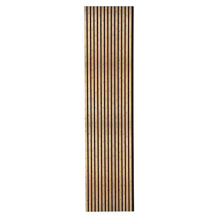 FN Neuhofer Akustikpaneel Acustico - Zirbe, L x B x S: 2.670 x 572,5 x 18 mm - Akustik-Wandpaneel aus Naturholz mit hellbraunen vertikalen Lamellen auf schwarzem Filz.