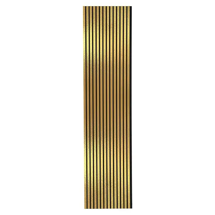 FN Neuhofer Akustikpaneel Acustico - Gold gebürstet, L x B x S: 2.400 x 572,5 x 19 mm - Eine Nahaufnahme einer Wandverkleidung mit goldenen Lamellen und schwarzen Zwischenräumen. Das Produkt verleiht jedem Raum Eleganz und Stil.