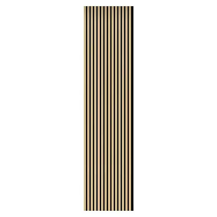 FN Neuhofer Akustikpaneel Acustico - Kiefer, L x B x S: 2.400 x 572,5 x 18 mm - Akustikplatte aus hellem Holz mit vertikalen Lamellen und schwarzen Zwischenräumen.