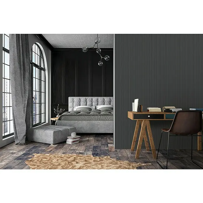 FN Neuhofer Wandpaneel Wally WA010 - Eiche schwarz, 2.670 x 118 x 12 mm - Elegantes Schlafzimmer mit grauem Bett, Fenster, Schreibtisch und Stuhl. Das harmonische Design verbindet Komfort mit modernem Stil.