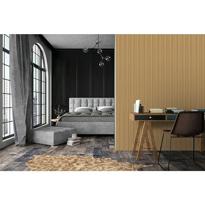 FN Neuhofer Wandpaneel Wally WA070 - Eiche natur, 2.670 x 118 x 12 mm - Elegantes Schlafzimmer mit Arbeitsbereich. Ein Schreibtisch und ein brauner Stuhl ergänzen das moderne Interieur mit Bett und Fenster.