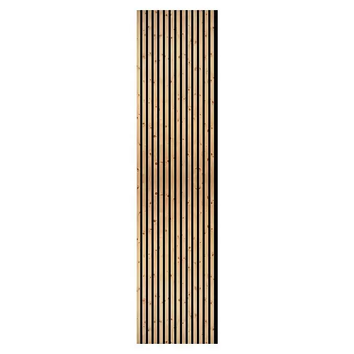 FN Neuhofer Akustikpaneel Acustico - Zirbe, L x B x S: 2.400 x 572,5 x 18 mm - Lattenpaneel aus Naturkiefernholz mit sichtbaren Ästen und schwarzen Zwischenräumen, ideal zur dekorativen Wandverkleidung.