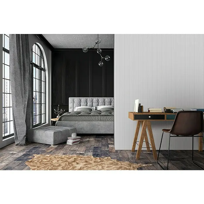 FN Neuhofer Wandpaneel Wally WA060 - Weiß, 2.670 x 118 x 12 mm - Einladendes Schlafzimmer mit einem modernen Schreibtisch und Stuhl, der einen komfortablen Arbeitsbereich in einem stilvollen Interieur bietet.