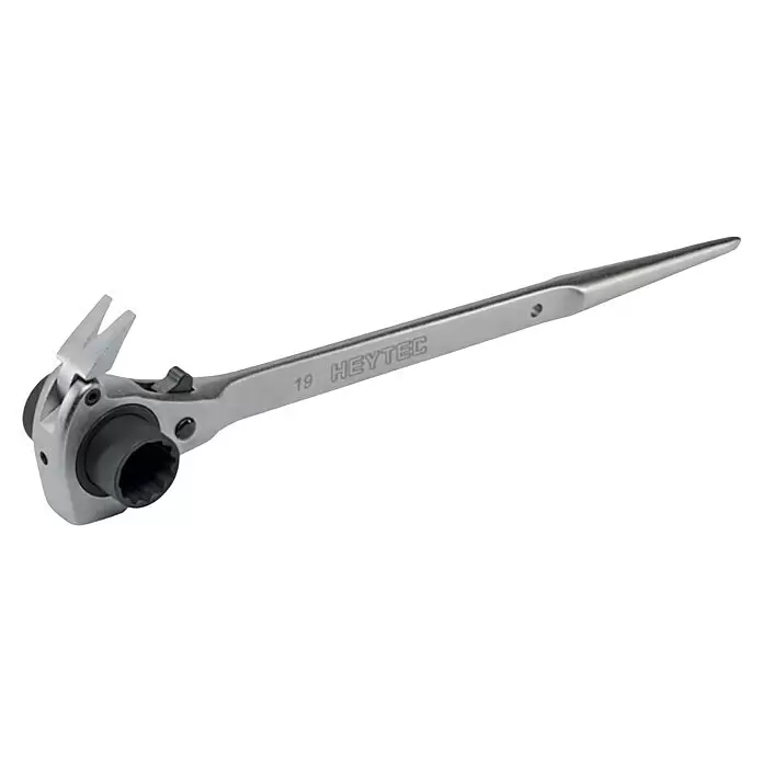 Heka Gerüstbauknarre mit Nagelzieher - Chrom-Vanadium-Stahl - Silberner Ratschenschlüssel mit spitzem Ende, 19mm Stecknuss und gabelförmigem Hebel. Marke 'HEYTEC'.