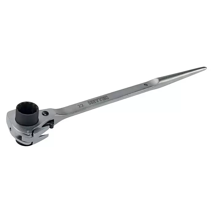 Heka Gerüstbauknarre mit Nagelzieher - Chrom-Vanadium-Stahl - Silberner Gerüst-Ratschenschlüssel mit schwarzem 22mm Wendesockel und spitzem Ausrichtdorn. Marke "HEYTEC".