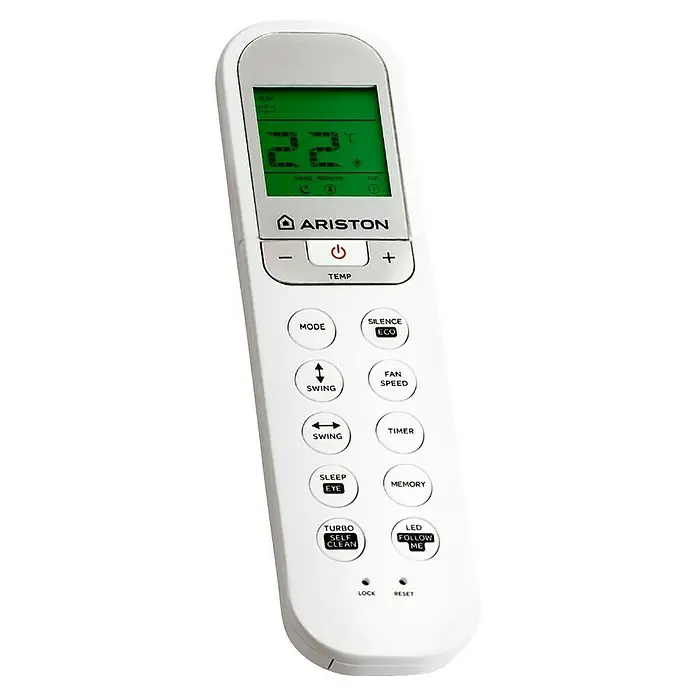 Ariston Aire acondicionado Inverter Alys R32 - 2.800 W, 2.600 W, 16 m², Blanco - Un primer plano de un mando a distancia blanco para aire acondicionado Ariston con pantalla verde y varios botones de función.