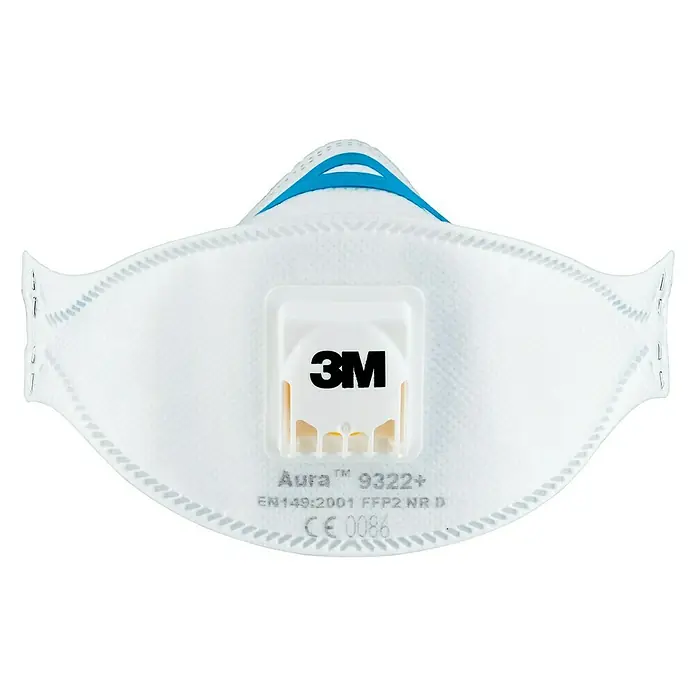 3M Aura Mascarilla de protección respiratoria 9322 - Clase de filtro: FFP2 NR D, 2 ud. - Detalle de una máscara respiratoria 3M Aura 9322+, diseñada para ofrecer protección contra partículas con mayor comodidad.