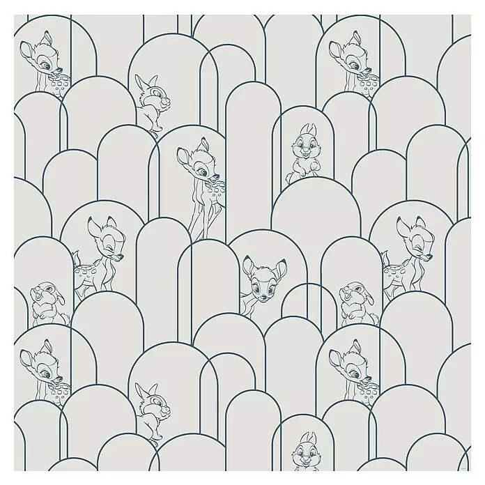 Komar Fototapete Disney Hide away Bambi - B x H: 250 x 250 cm, Vlies - Nahtloses Muster mit blauen Umrisszeichnungen von Bambi und Thumper auf hellgrauem Bogendesign.
