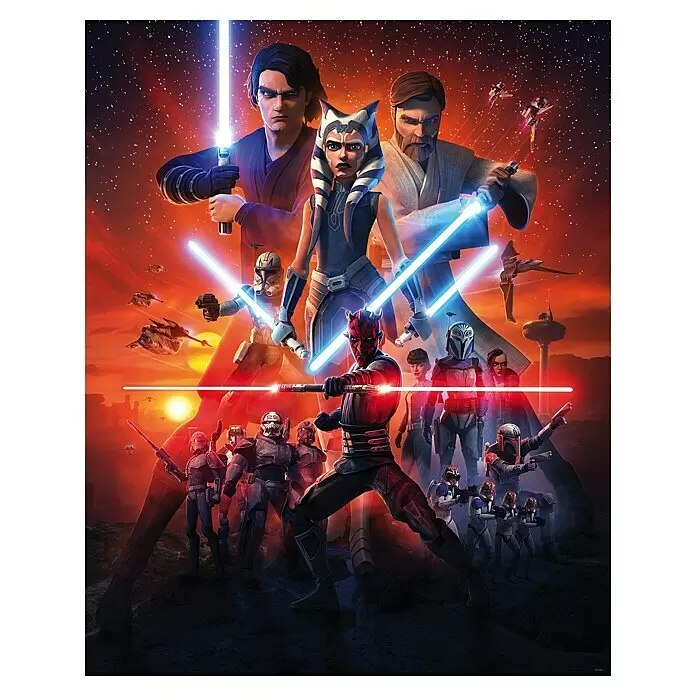 Komar Star Wars Fototapete Clone Wars Mission - B x H: 200 x 250 cm, Vlies - Star Wars: The Clone Wars Poster mit Anakin, Ahsoka, Obi-Wan, Darth Maul, Klonkriegern und Mandalorianern mit Lichtschwertern vor feurigem Himmel.