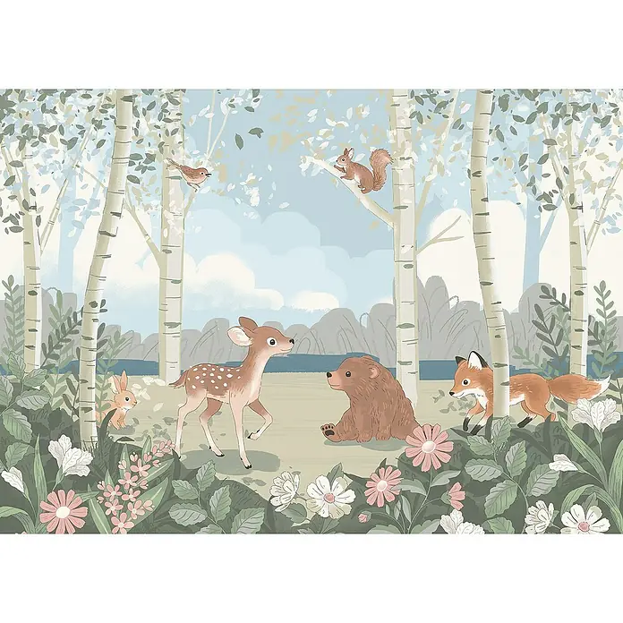Komar Fototapete Today's Story - B x H: 350 x 250 cm, Vlies - Idyllische Waldszene mit Reh, Bär, Fuchs und anderen Waldtieren, eingebettet in eine sanfte, kindgerechte Illustration.