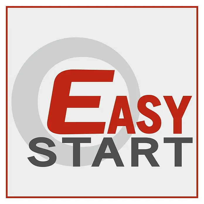 Scheppach Benzin-Kettensäge CSP2540 - 700 W, 25,4 cm³, Schwertlänge: 25 cm - Logo von Easy Start mit roter Schrift und grauem Kreis im Hintergrund. Das Logo steht für einen einfachen Einstieg.