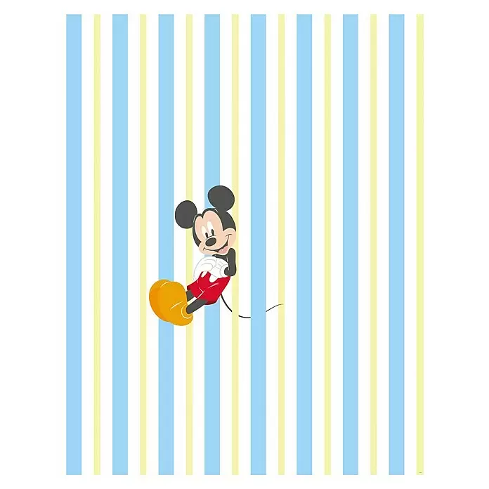 Komar Fototapete Disney Mickey Relax - B x H: 200 x 250 cm, Vlies - Mickey Maus in roten Shorts und gelben Schuhen vor einem blau, weiß und gelb gestreiften Hintergrund.