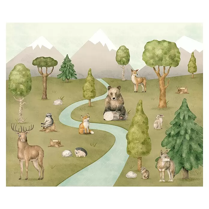Komar Fototapete Neighbor-wood Meetings - B x H: 300 x 250 cm, Vlies - Aquarell-Waldlandschaft mit Bergen, Fluss, Bäumen und verschiedenen Waldtieren.