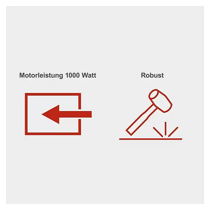 Scheppach Hauswasserwerk HWW1000 - 1.000 W, Max. Fördermenge: 4.300 l/h, Max. Druck: 4,4 bar - Icons zeigen 1000 Watt Motorleistung und Robustheit des Produkts.
