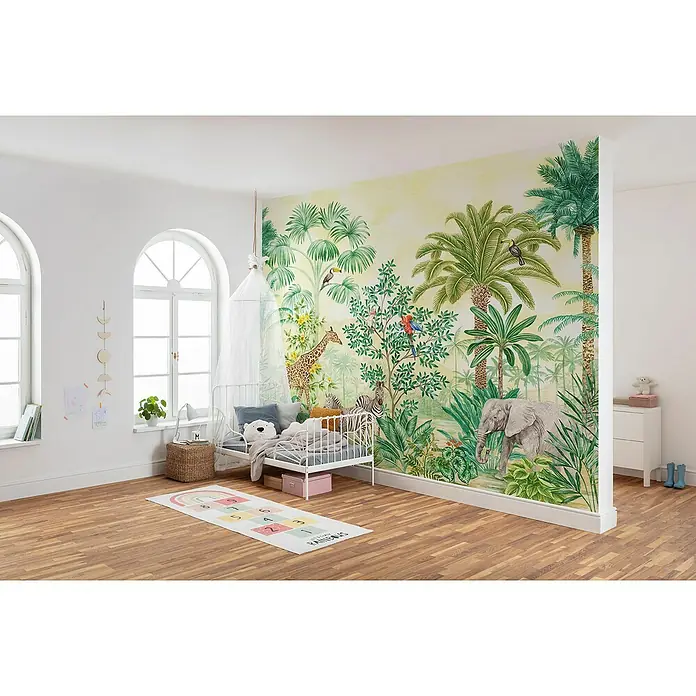 Komar Fototapete Jungle Adventure - 7 -tlg., B x H: 350 x 250 cm, Vlies - Kinderzimmer mit Dschungel-Wandbild, das eine spielerische und abenteuerliche Atmosphäre schafft und die Fantasie anregt.